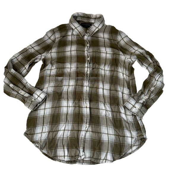 Banana Republic Factory Green/White Plaid Boyfriend Fit Button Down Pocket Small - Picture 1 of 11